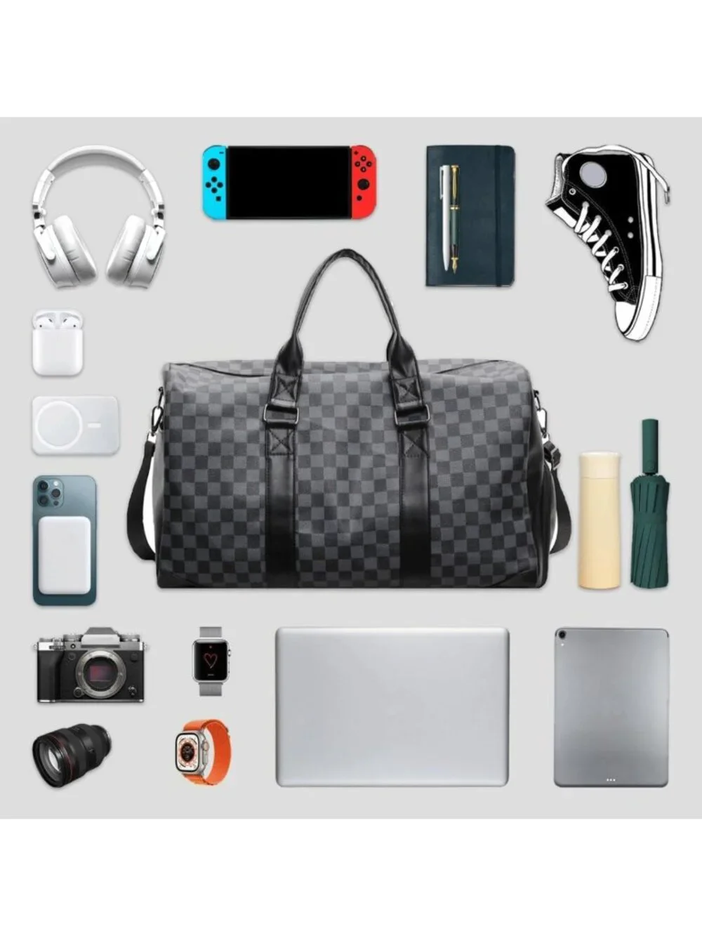 Stylish Travel Duffel Bag, Foldable Gym Tote with Shoe Compartment, Waterproof